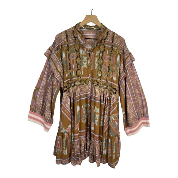Free People Sz M Augustine Mini Dress Embroidered Babydoll Pockets - Picture 2 of 12